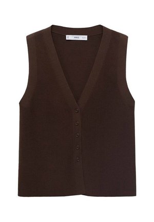 Brauner gestrickter Vest mit V-Ausschnitt, ausgestattet mit einer durchgehenden Knopfleiste und einem gerippten Material. Ohne Ärmel, minimalistisches Design.