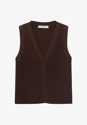 Brauner gestrickter Vest mit V-Ausschnitt, ausgestattet mit einer durchgehenden Knopfleiste und einem gerippten Material. Ohne Ärmel, minimalistisches Design.