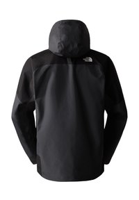 Czarna i ciemnoszara wodoodporna kurtka North Face z kapturem, pokazana z tyłu, z logo marki na górnej prawej stronie ramienia.