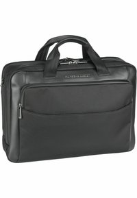 Sacoche d'ordinateur portable noire en cuir et tissu texturé, avec des poignées doubles, des compartiments zippés et une poche avant.