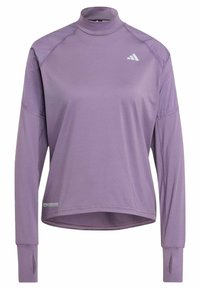 Paarse lange mouwen top met een hoge hals, gemaakt van soepele stof, met raglanmouwen en duimopeningen voor extra bedekking. Minimale merkdetails.