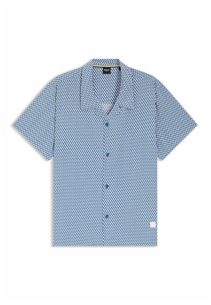 Short-sleeve button-up shirt with blue and white diamond pattern, spread collar, and BOSS label inside the neckline.