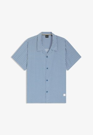 Kortærmet skjorte med knapper foran, blå og hvide diamantmønster, spredt krave og BOSS-mærke inde i halsudskæringen.