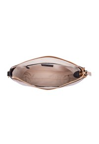 Borsa a tracolla in pelle marrone con una superficie testurizzata, cerniera dorata e interno beige. Presenta un unico scomparto e una piccola tasca interna.