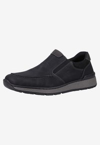 Zapato negro de piel sin cordones con acentos grises, acabado texturizado, suela de goma y paneles laterales elásticos para facilitar su uso.