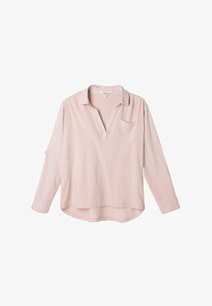 Hellrosa Langarmshirt mit Kragen, teilweisem Knopfleistenverschluss und Brusttasche. Glatte Textur und Saumdesign mit hoher Vorderseite und niedriger Rückseite.