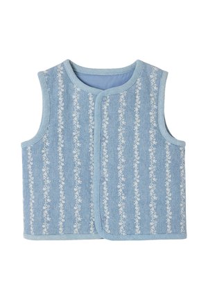 Blue sleeveless vest with white vertical floral stripes and front snap button closure, made of textured fabric.
