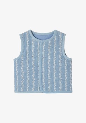 Blaues ärmelloses Weste mit weißen vertikalen Blumenstreifen und vorderer Druckknopfleiste, aus strukturiertem Stoff gefertigt.