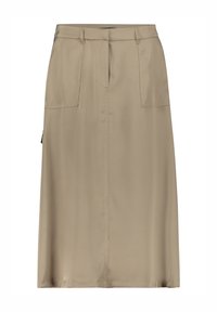 Jupe midi beige en tissu lisse, avec deux poches avant, une coupe droite et des détails de couture subtils le long des coutures.