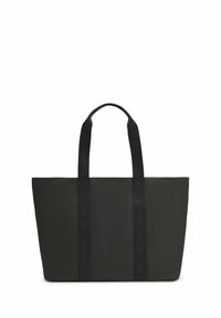 Black rectangular tote bag with two long handles and subtle embossed brand name on the straps, set against a white background.