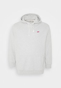 Felpa grigia chiara Levi's con tasca a canguro frontale, cappuccio con cordino e piccolo logo rosso Levi's sul petto.