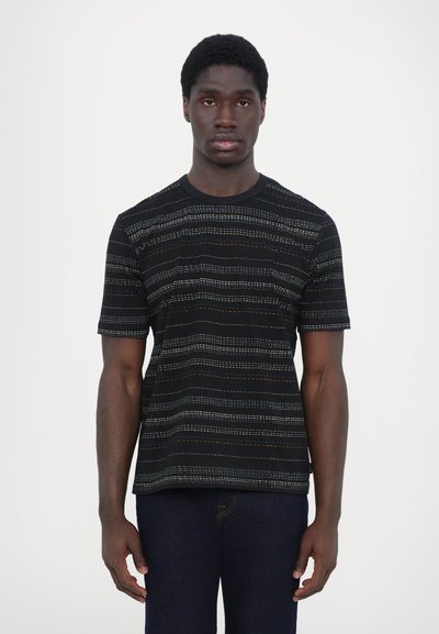 Black short-sleeve t-shirt featuring a striped pattern with blue, red, and white accents. Made of lightweight fabric with a round neckline.