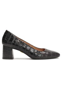 Black patent leather pump with a pointed toe, embossed crocodile texture, and a block heel. Features a smooth interior lining.