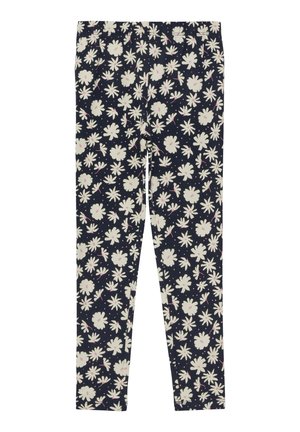 Granatowe legginsy z białym i różowym wzorem stokrotek, pełna długość, elastyczny pas, gładka tkanina.