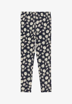 Navy blue leggings with white and pink daisy flower pattern, full-length, elastic waistband, smooth fabric texture.