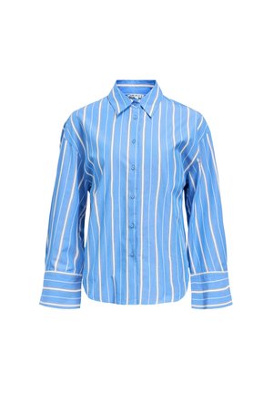 Chemise à boutons bleu rayée avec des manches longues. Présente des rayures blanches verticales, un col classique et une coupe décontractée.