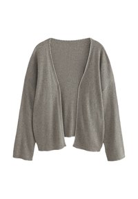 Cardigan grigio a costine con apertura frontale, vestibilità morbida e maniche lunghe. Presenta un tessuto testurizzato e bordi grezzi lungo l'orlo e i polsini.