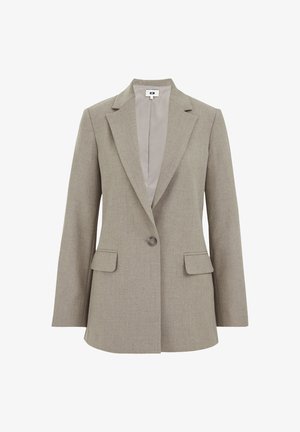 Hellgrauer, taillierter Blazer mit Reverskragen, einreihigem Knopfverschluss und zwei Fronttaschen. Glatte Textur und strukturierte Passform.