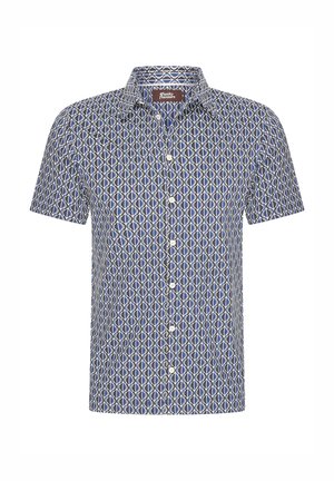 Short-sleeve shirt featuring a geometric pattern in blue, white, and gold tones, made from lightweight fabric with a button-down collar.