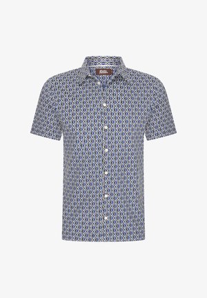 Korte mouwen overhemd met een geometrisch patroon in blauw, wit en gouden tinten, gemaakt van lichte stof met een knoopsluiting kraag.