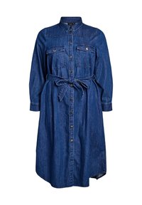 Denim skjortklänning med långa ärmar, krage, knappstängning fram, två bröstfickor och ett matchande bälte i en mörkblå tvätt.