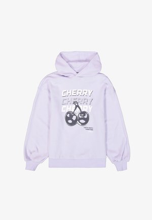 Lavender Kapuzenpullover mit Kängurutasche. Enthält den Schriftzug "CHERRY" in Weiß und ein schwarzes Kirschgrafik. Glattes Material mit gerippten Bündchen.