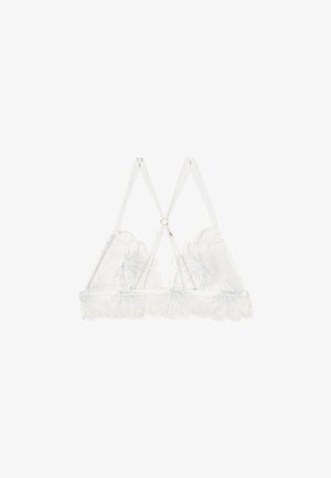 Weißer Spitzen-Bralette mit Blumenstickerei, dünnen verstellbaren Trägern und gezackten Rändern vor einem schlichten weißen Hintergrund.