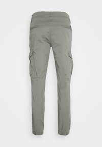 Cargo pants in light green, featuring multiple side pockets, elasticated cuffs, and a smooth, lightweight fabric texture.
