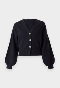 Black cropped cardigan with balloon sleeves and three decorative silver buttons down the front on a white background.