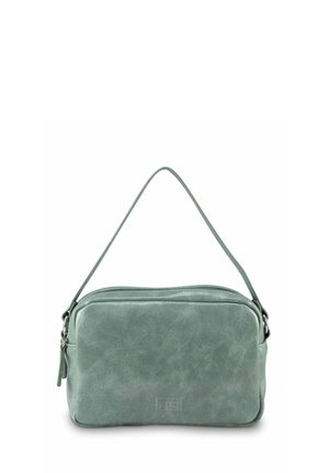 Grüne Leder-Umhängetasche mit glatter Textur, rechteckiger Form, Oberreissverschluss und verstellbarem Tragegurt für vielseitige Trageoptionen.