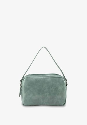 Grüne Leder-Umhängetasche mit glatter Textur, rechteckiger Form, Oberreissverschluss und verstellbarem Tragegurt für vielseitige Trageoptionen.