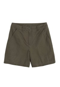 Olivgröna bomullsshorts med knappstängning, som har två framfickor och subtila sömnadsdetaljer. Platt midjebandsdesign.