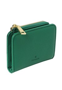 Green leather wallet with a textured finish, gold zipper hardware, and embossed branding. Compact, rectangular design with card compartments.