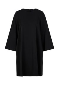 Zwarte, losvallende jurk met een ronde halslijn en uitlopende mouwen. Gemaakt van een gladde stof met een ritssluiting aan de achterkant. Eenvoudig ontwerp.