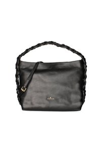 Borsa a tracolla in pelle nera con manico intrecciato e tracolla removibile. Texture liscia, dettaglio del logo dorato sul fronte e design spazioso.