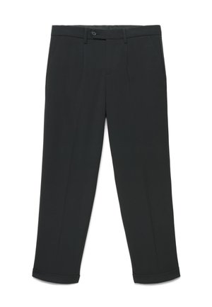 Black tailored trousers with a button waist, belt loops, front pockets, and cuffed hems laid flat on a white background.