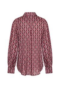 Camicia a maniche lunghe con un motivo a onde in bordeaux, rosa e nero. Presenta un colletto a punta e polsini con bottone. Tessuto testurizzato con una finitura leggermente lucida.