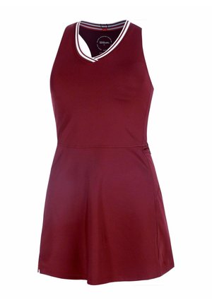 Vestido deportivo sin mangas color granate con cuello en V y ribete con rayas blancas, cintura ajustada y falda acampanada, diseñado para ropa atlética.