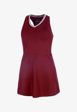 Robe de sport sans manches couleur bordeaux avec encolure en V et bordure rayée blanche, taille cintrée et jupe évasée, conçue pour un usage sportif.