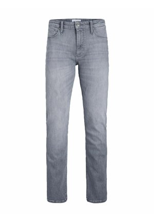 Jeans grigio chiaro realizzati in denim. Design a gamba dritta con una leggera scoloritura, dotati di chiusura con bottone frontale e cinque tasche.