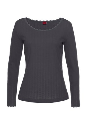 Grijze longsleeve top met een gegolfde halslijn, geribbelde textuur en delicate kanten details langs de mouwen en de zoom.