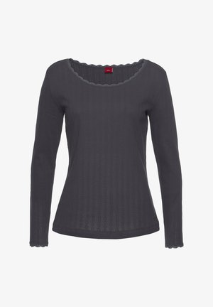 Gray long-sleeve top with a scalloped neckline, ribbed texture, and delicate lace detailing along the cuffs and hem.