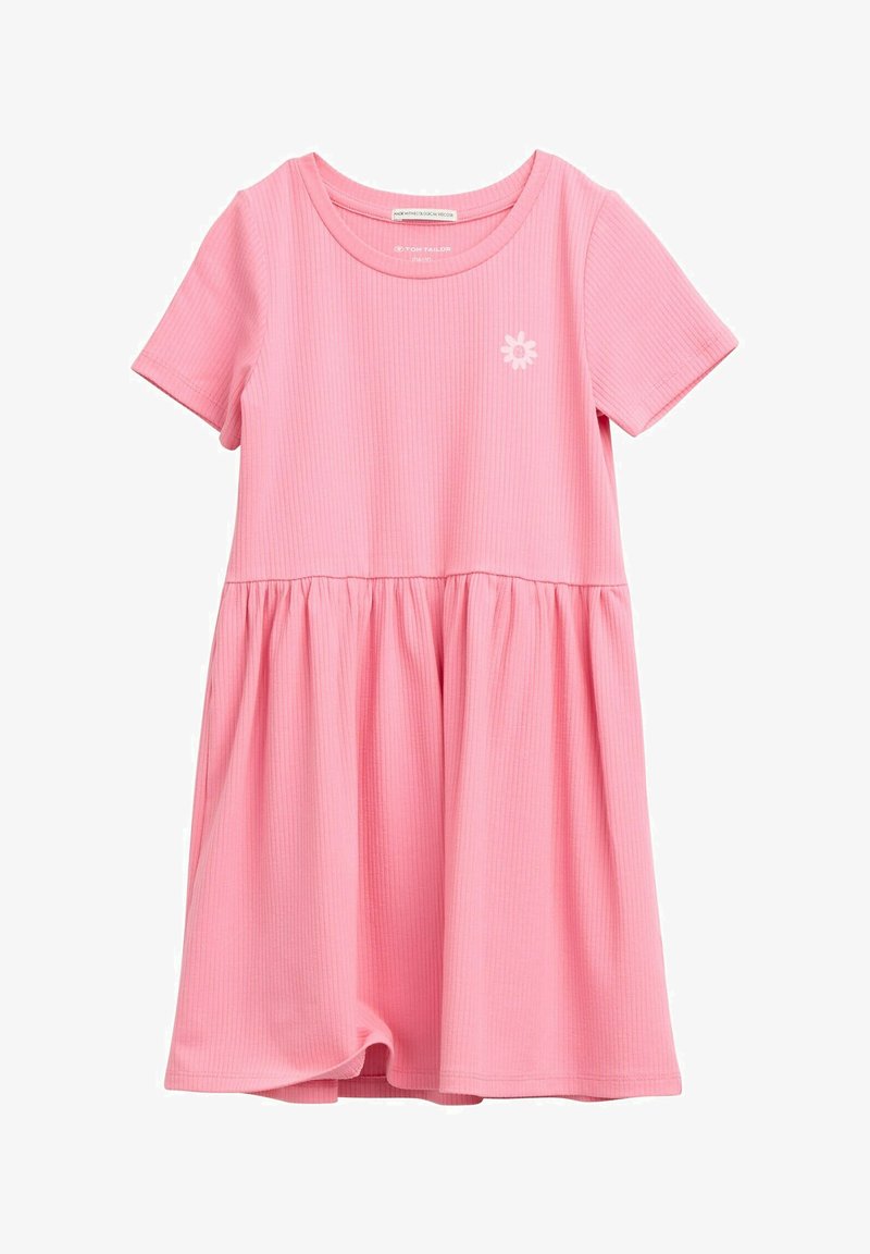 Robe rose à manches courtes, côtelée, avec une jupe évasée et un graphique de marguerite sur la poitrine gauche. Tissu doux avec un design décontracté.