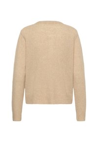 Maglione beige in maglia con un taglio comodo, maniche lunghe e orlo a coste. La texture appare morbida e leggermente pelosa. Vista da dietro.