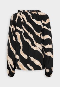 Blusa nera a maniche lunghe con motivo a strisce di tigre beige. Collo e polsini elastici, realizzata in tessuto leggero e morbido.