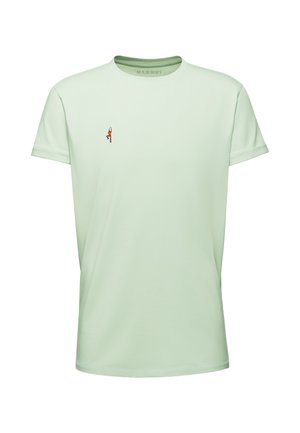 Mint green short-sleeve shirt made of smooth fabric, featuring a small orange climbing figure logo on the left chest.