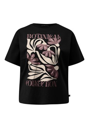 Zwarte korte mouwen t-shirt met een botanisch ontwerp van roze en crèmekleurige bloemen en de tekst "BOTANICAL COLLECTION" in vette letters.
