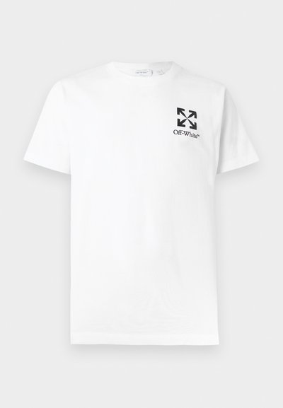 Λευκό κοντομάνικο T-shirt με μαύρο λογότυπο Off-White και σχέδιο τεσσάρων βελών στο αριστερό μέρος του στήθους, με στρογγυλή λαιμόκοψη.