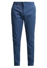 Marina blå chinos tillverkade av bomullstyg, med platt framdel, raka ben och en enkel knappstängning med bälteshällor.