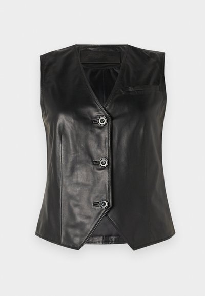 Black leather vest with a V-neckline, five buttons, and a single chest pocket. Features a smooth texture and tailored fit.